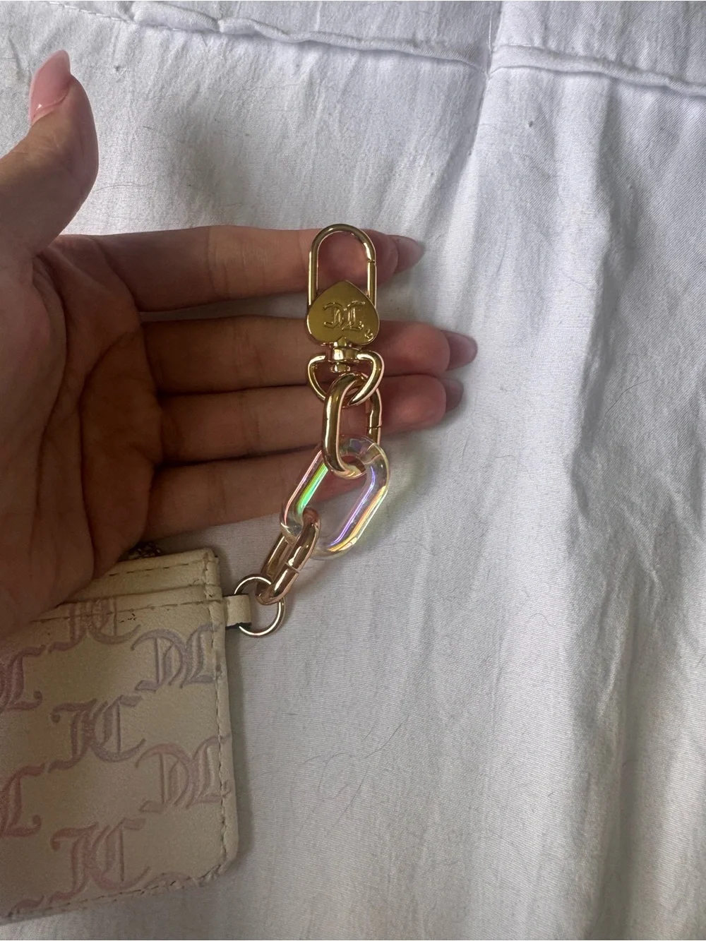 Juicy Couture Cream Card Holder Keychain with Pink Monogram
